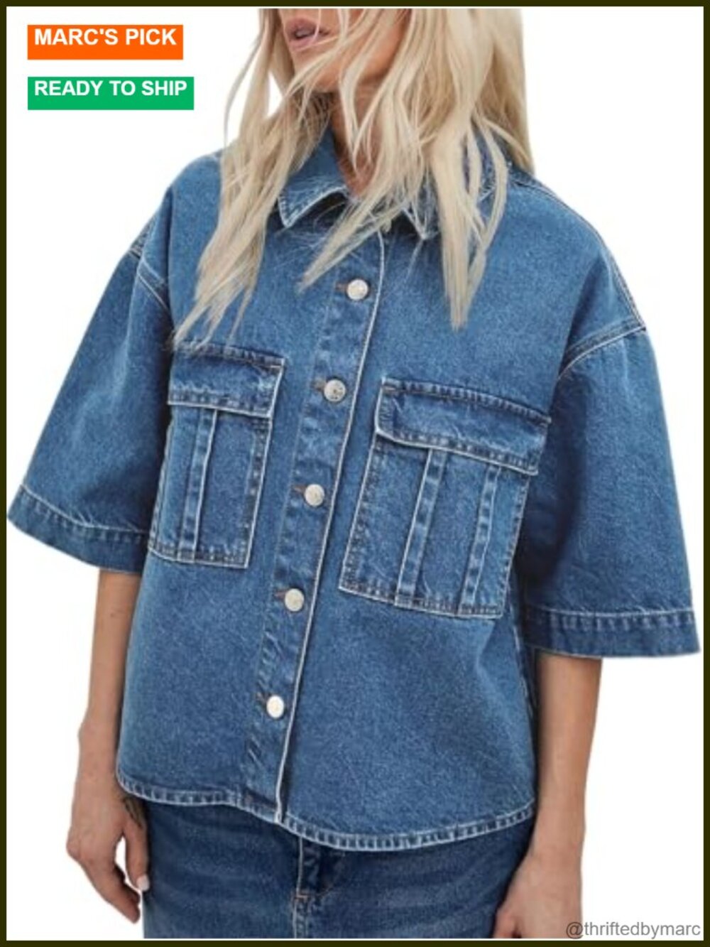 Oversized Short Sleeve Button Down Denim Jacket Cropped Jean Top